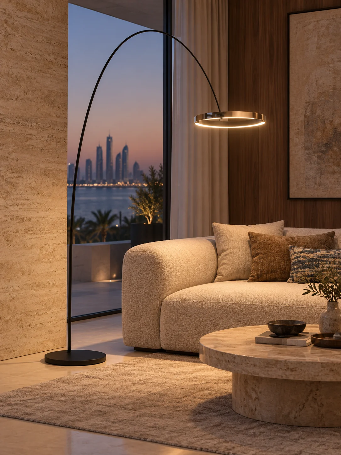 Arched floor light over a seating area